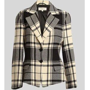 Louis Feraud Blazer Jacket 3 Button Black Ivory Plaid Wool Womens Size 6 Classic